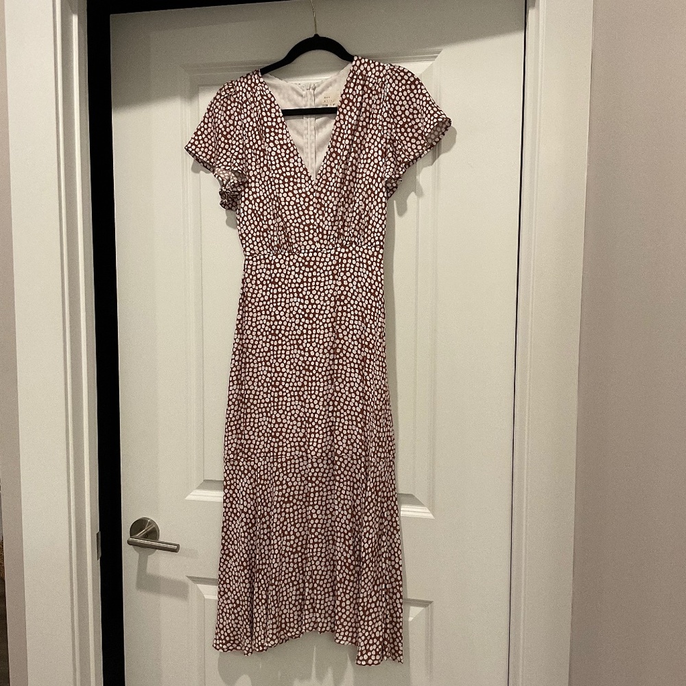 Brown and white polka dot, smocked maxi dress, short ruffle sleeve, v-neck